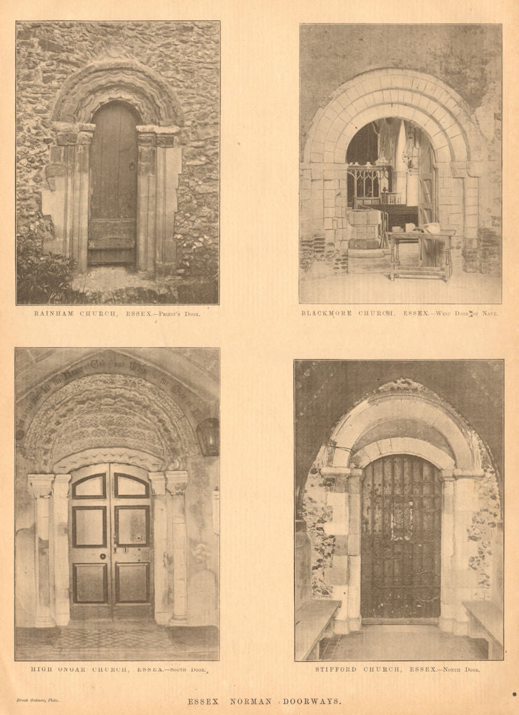 Essex Norman church doorways. Rainham Blackmore High Ongar Stifford 1902 print